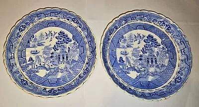 Buy 2 Transferware Willow Design Blue & White Porcelain Saucers Antique Collectable • 7£