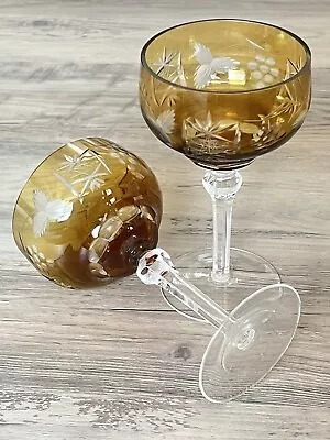 Buy Vintage Bohemian Amber Cut To Clear Crystal Champagne Coupe 2 Stemware Glasses • 83.87£