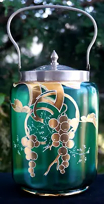 Buy Antique 1900 Victorian Art Nouveau Art Glass Green Biscuit Jar / Pickle Castor • 55.45£