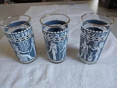 Buy 3 Vintage Hazel Atlas Wedgewood Egyptian Drinking Glasses W/gold Rims 5  • 9.32£