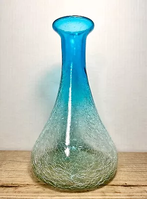 Buy Vintage Blue Crackle Glass Vase Decanter Ombré Aqua Handblown Ohio USA MCM • 35.41£