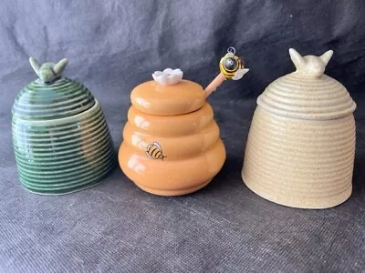 Buy 3 Ceramic Basket Style Honeypots With Lids, Decorated With Bees + Wooden Dipper • 11£