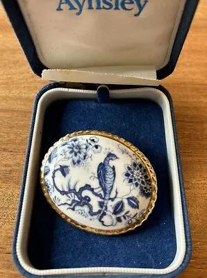 Buy Vintage Aynsley Bone China Brooch Oriental Pheasant Blue & White 5cm X 4cm Boxed • 2.99£