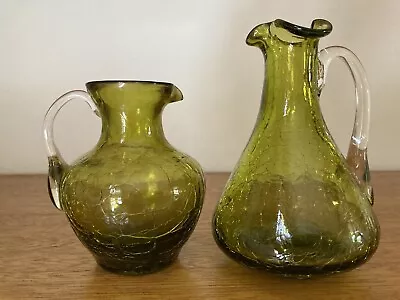 Buy 2 Crackle Glass Mini Pitchers Green Clear Handles • 18.64£