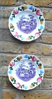 Buy Pair 19th Century Staffordshire Pottery Childrens Plates, Transferware/ Clobber • 160£