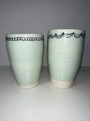 Buy 2 Tumbler Cup Vase Mint Green Glossy Crackle Glaze Studio Art Pottery Signed KK • 23.29£