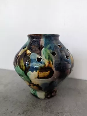 Buy Vintage Studio Art Pottery Flower Frog Vase Majolica Blue Green Yellow Dripglaze • 45£