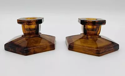 Buy George Davidson Amber Clouded Glass Art Deco Candlestick Holders Pair Hexagonal  • 21.99£