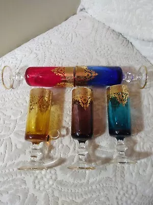 Buy Vtg Bohemian Cordial Pedestal Barware Glasses W Handles Gold Gilt Multi Color • 57.78£