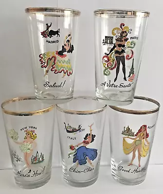 Buy Set Of 5 1950's Drinking Glasses-Ladies & Drinking Toasts-Italy, Madrid, Egypt • 17.99£