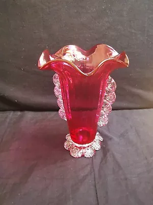 Buy Gorgeous Vintage Cranberry Glass Vase With Ruffled Rim In Very Good Condition  • 26.99£