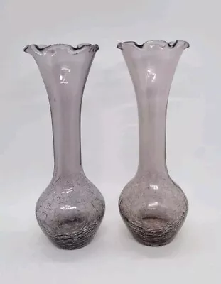 Buy Vintage Pair Of Amethyst Art Glass Crackle Glass With Ruffle Top Vase 18cm Tall • 15.27£
