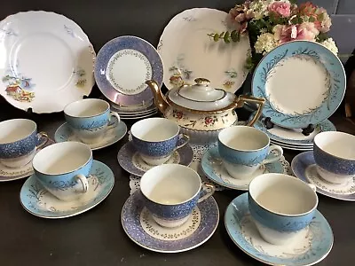 Buy Vintage Mismatched China Tea Sets Cups Saucers Teapot Cake Plates,  Blues • 0.99£