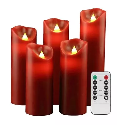 Buy 5-Piece Flameless Candle Set – Flickering LED Candles Pillars Timer Remote RED • 9.99£