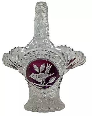 Buy Vintage Hofbauer Crystal Glass Basket  With Ruby Bird Panel German Glassware • 24.99£