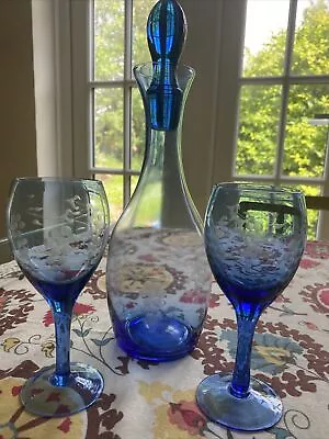 Buy Beautiful Vintage Blue Etched Glass Decanter And Glasses • 8£