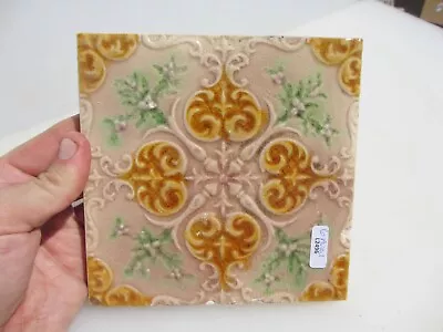 Buy Antique Ceramic Tile Vintage Floral Art Nouveau Flowers Old Leaf  • 13£
