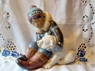 Buy Vintage 1978-2004 Large Lladro Gres Eskimo Boy With Polar Bear Cub. • 120£