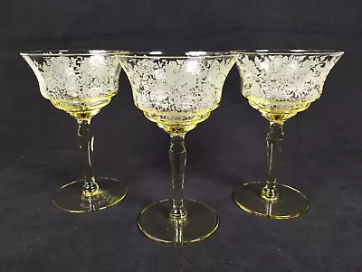 Buy 3 Vtg Yellow Depression Glass Etched Floral 5.75  Elegant Cocktail Glasses Optic • 44.81£