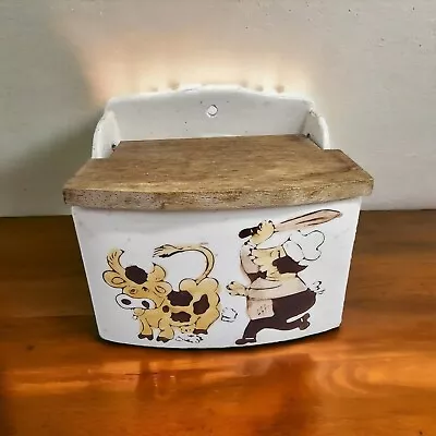 Buy Porcelain Salt Box Wooden Hinged Lid French Country Cottage Cow Butcher Vintage • 40.52£