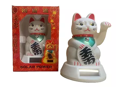 Buy White Lucky Cat Waving Solar Power Powered Chinese Fortune Maneki Neko Size 12cm • 9.99£