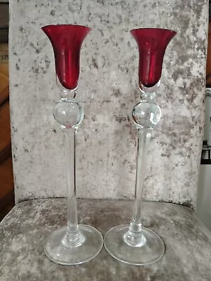 Buy PAIR Of Candlesticks Glass Tulip Shaped Top Red W/Clear Stem Décor Candle Holder • 21£