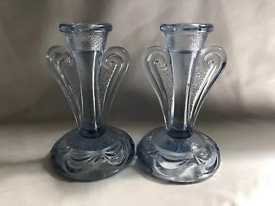 Buy VINTAGE Pair Of Blue Pressed Cut Glass Dinner Candle Holders Candlestick 13cm • 14.79£