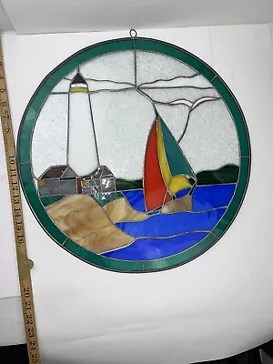 Buy Vintage Stained Glass Light House 18.5”x18.5”Window Hanging Panel Suncatcher • 139.78£