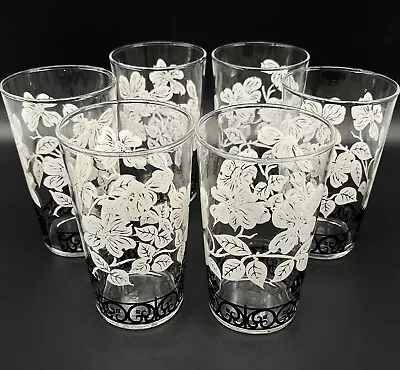Buy Set Of Six Vintage Federal Glass White Black Floral 1950s Drinking/Juice Glasses • 19.79£