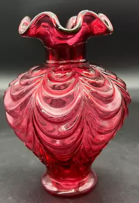 Buy Fenton Drape  Cranberry Ruffled Top Vase 7 1/4  With Original Sticker • 41.94£