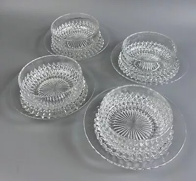 Buy Cut Glass Dessert Bowls & Plates. 1970s Vintage. Diamond Pattern Clear. Set Of 4 • 24.99£