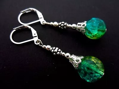 Buy A Pair  Tibetan Silver Blue/green Crackle Glass Bead  Leverback Hook Earrings.  • 2.99£