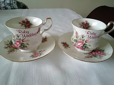 Buy Vintage  Queens  Fine Bone China Ruby Wedding Anniversary 2 Cups & Saucers Roses • 6£