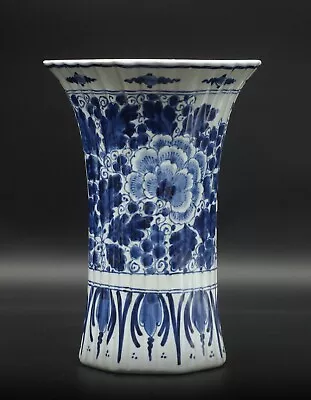 Buy PERFECT Antique Porceleyne Fles/Royal Delft Hexagonal Blue Vase W. Flowers 1924 • 146.78£