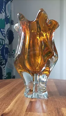 Buy Vintage Large Heavy Czech Glass Chribska Glass Vase Amber • 35£