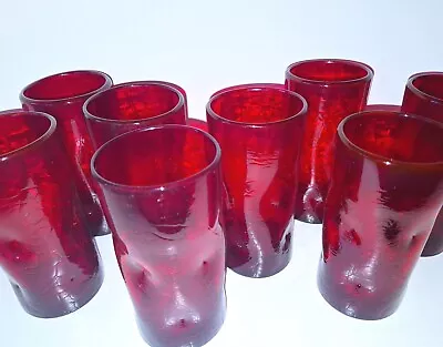 Buy MCM Ruby Red Crackle Glass Pinched Dimpled Tumblers Set Of 8 Hand Blown Glass • 130.70£