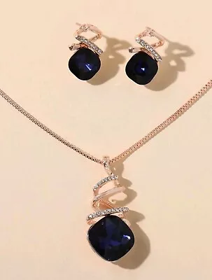 Buy 3pcs Blue Rhinestone Rose Gold  Charm Necklace Earrings Set For Women's Gift  • 3.77£