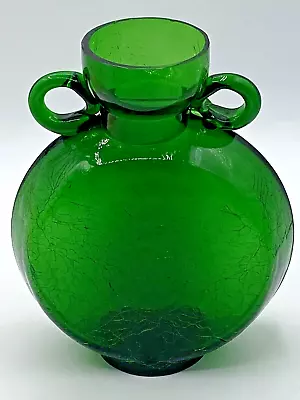 Buy Emerald Green Crackle Art Glass Handled Vase 6.5  Tall Read • 13.98£