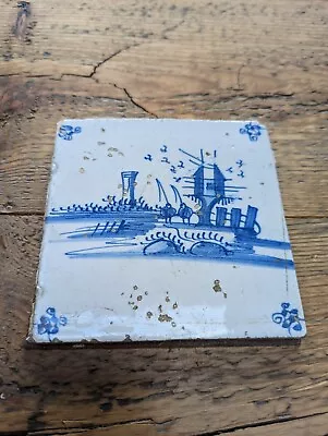 Buy 18thC Blue Delft Tile, People Fishing, Bridge And River, Antique VGC For Age • 40£