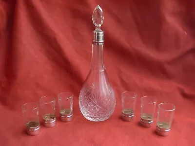 Buy ANTIQUE FRENCH CUT CRYSTAL LIQUOR SET WITH STERLING SILVER MOUNT,LATE 19th. • 155.32£