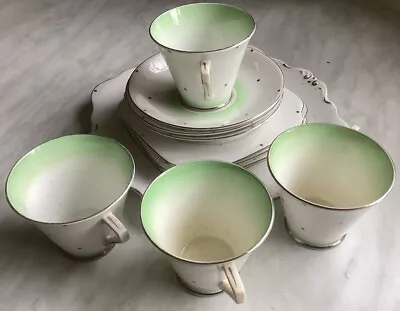 Buy Bell Fine China Tea Set Plates Green White Spotted • 7.50£