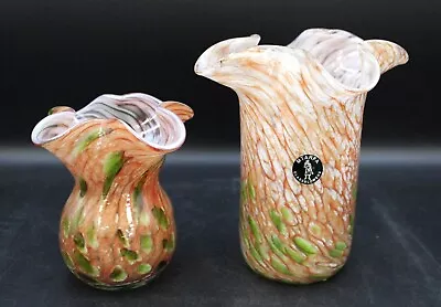 Buy Pair Of MTARFA Hand Blown Maltese Glass Flared Ruffled VASES 16cm 18cm - E31 • 6.99£