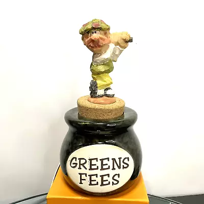 Buy Vintage Greens Fees  Stoneware Jar Bank With Cork Lid & Old Golfer Topper • 23.25£