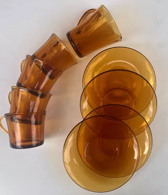 Buy Duralex  4 Cups & Saucers & Milk Jug Coffee/ Expresso Vintage Amber Glass • 16.99£