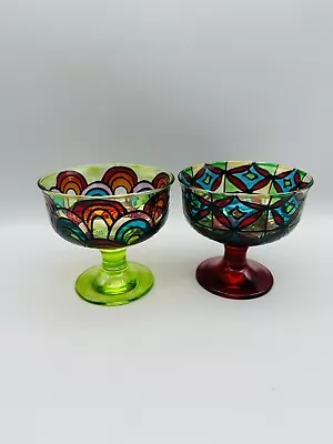 Buy Pair Hand Painted Glass Tea Light Candle Holder Dishes Boho • 12£