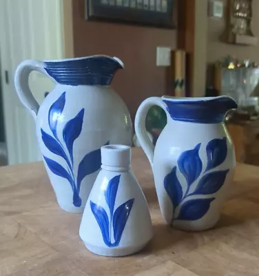 Buy Williamsburg Pottery Vintage Salt Glaze Colonial Virginia VA Blue Leaves LOT-3 • 30.74£