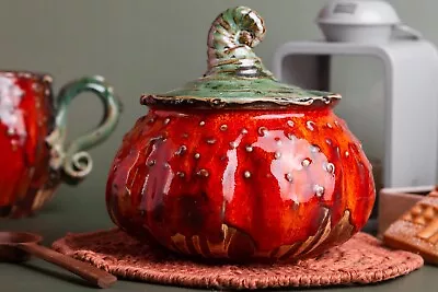 Buy Orange Pumpkin Pottery Sugar Pot, Honey Pumpkin Pot With Green Cover, Home Decor • 37.74£