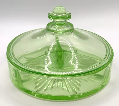 Buy Uranium Green Depression Vanity Glass Divided Dish Lid Starburst GLOWS 1940s VTG • 41.94£