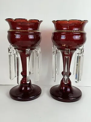 Buy Pair Of Antique Victorian Ruby Red Glass Mantle Candle Lusters Crystal Prisms • 242.30£