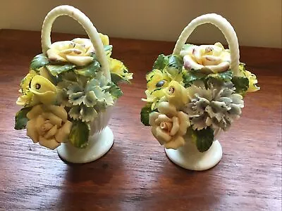 Buy Large Pair Of  Porcelain Capodimonte Handle Basket With Flowers Vintage. • 75£